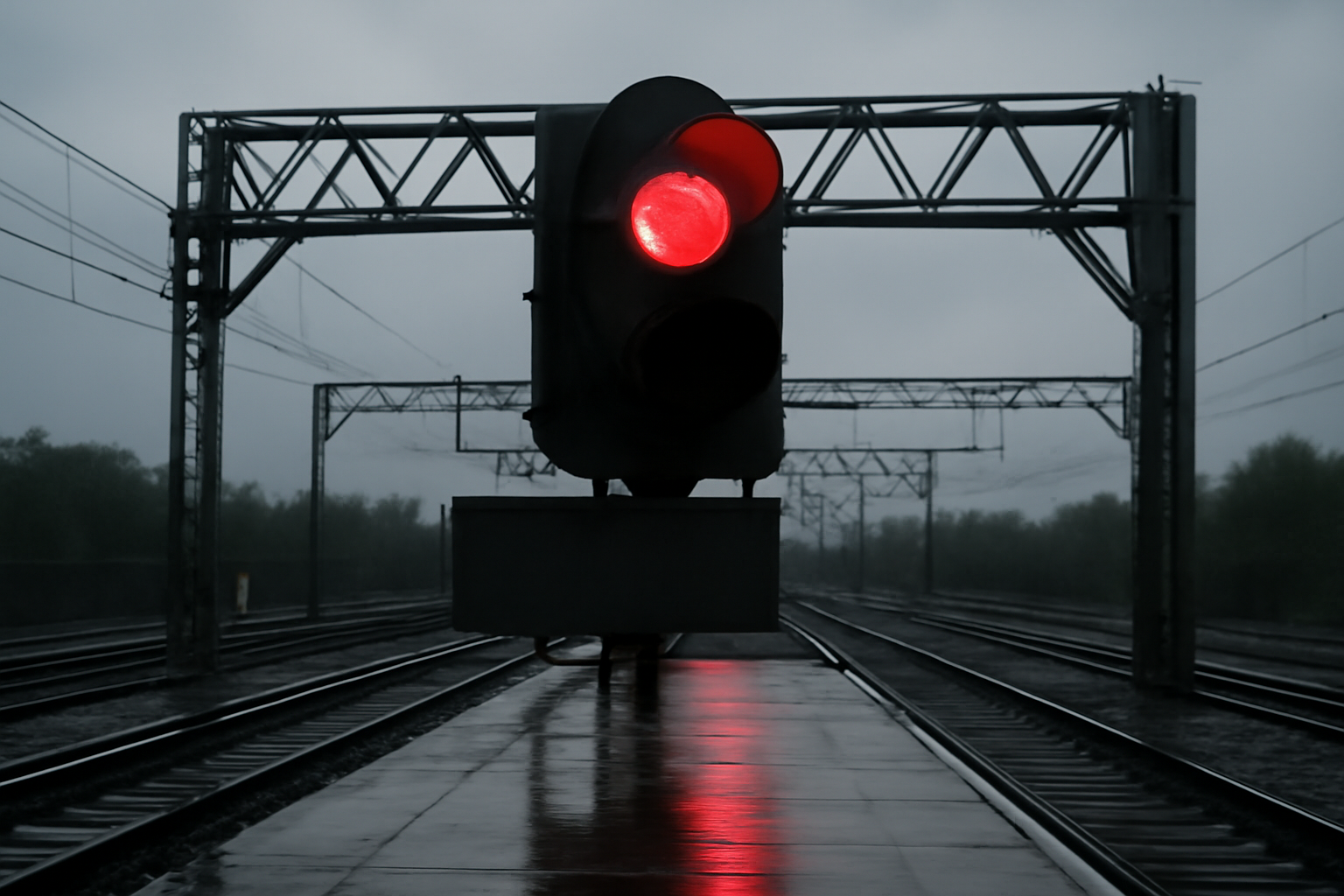 A red railway signal light glowing against an overcast sky above train tracks