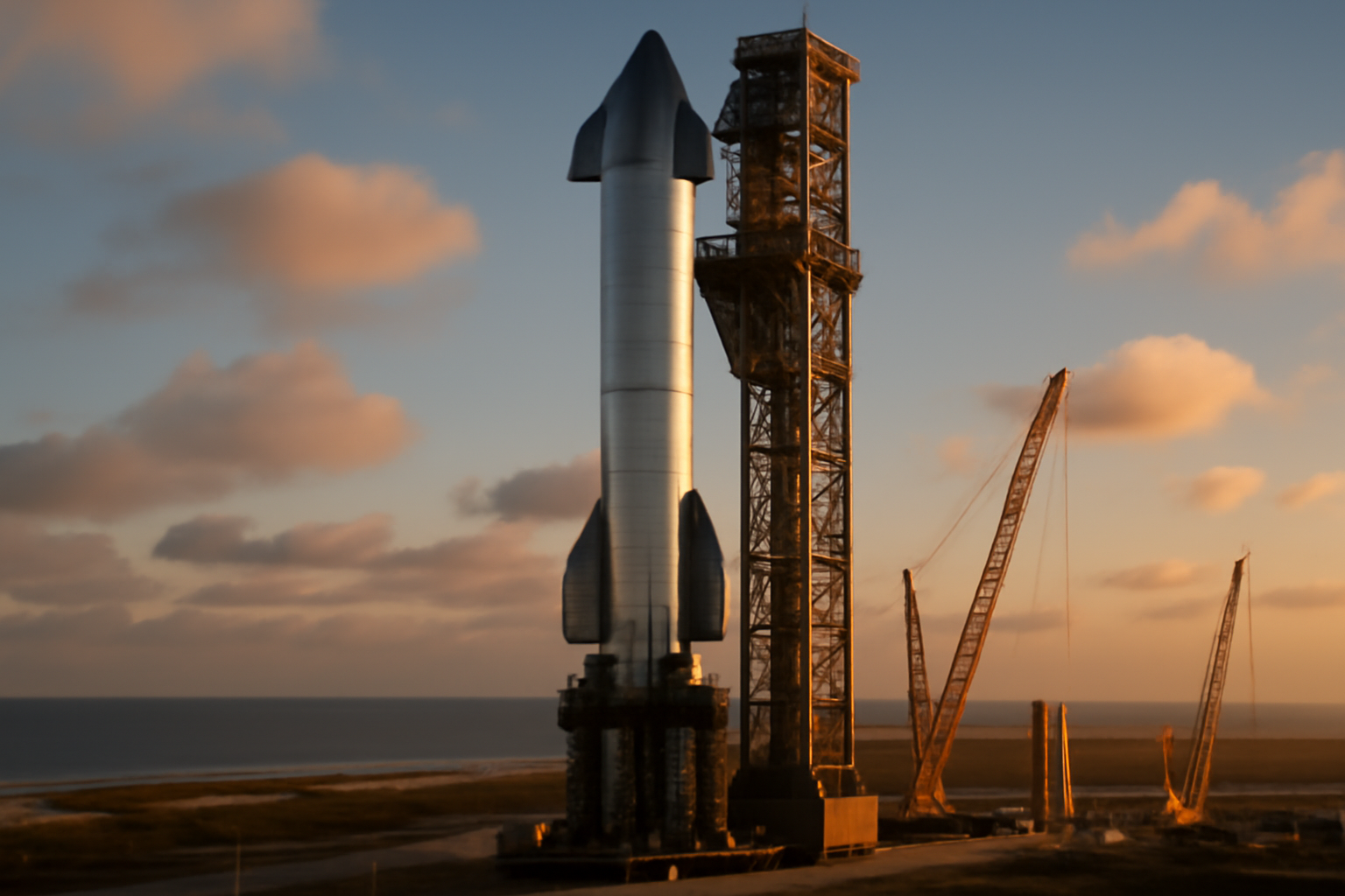 SpaceX Starship rocket stacked on a launch pad gantry at dusk