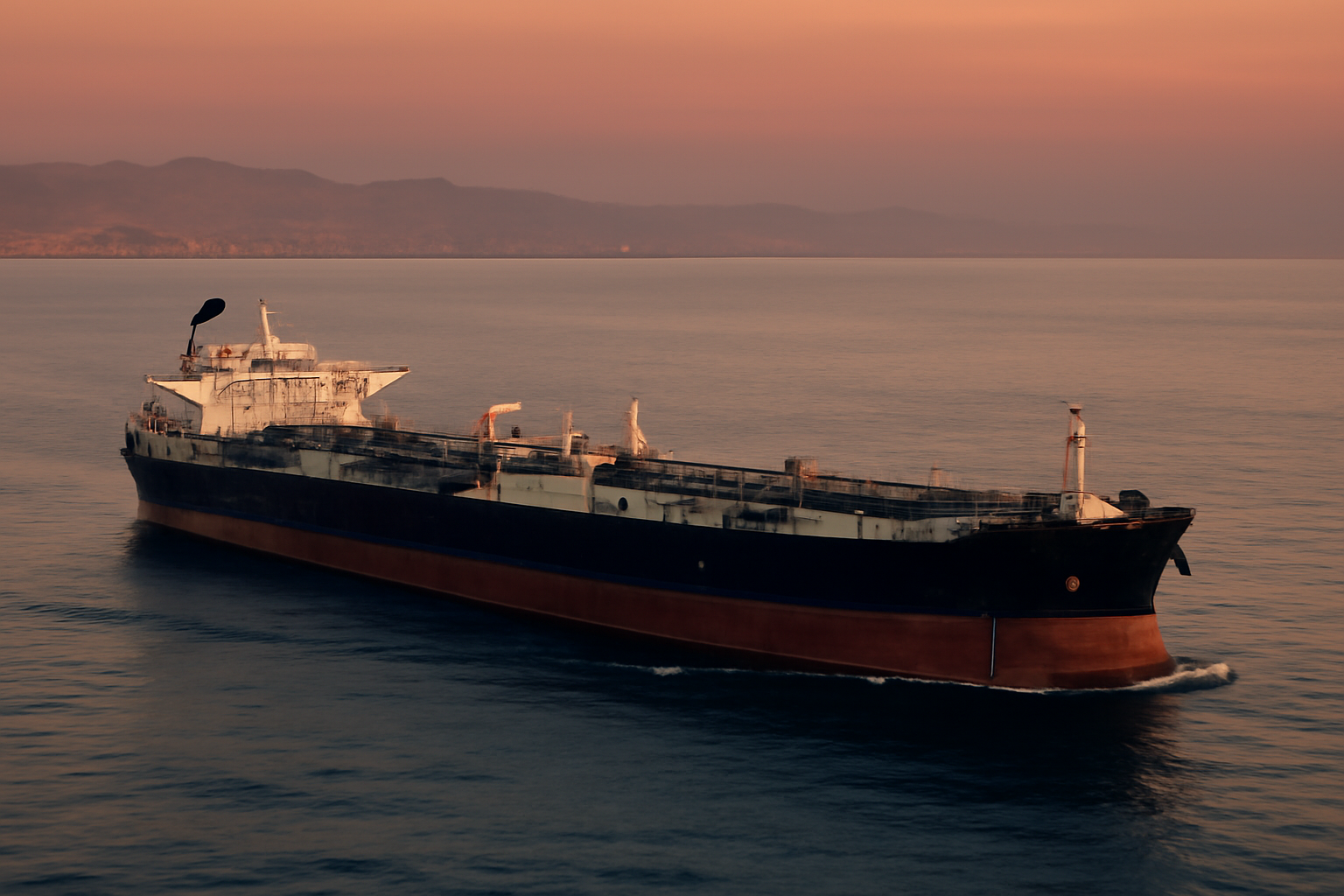 Oil tanker navigating open water near a Gulf shipping lane at dusk