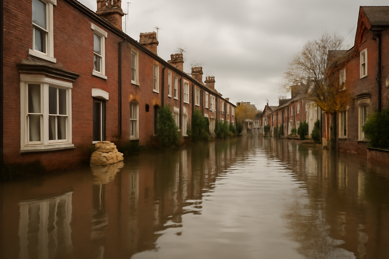 Flooded residential street in England with sandbags stacked against a front door under a gray sky