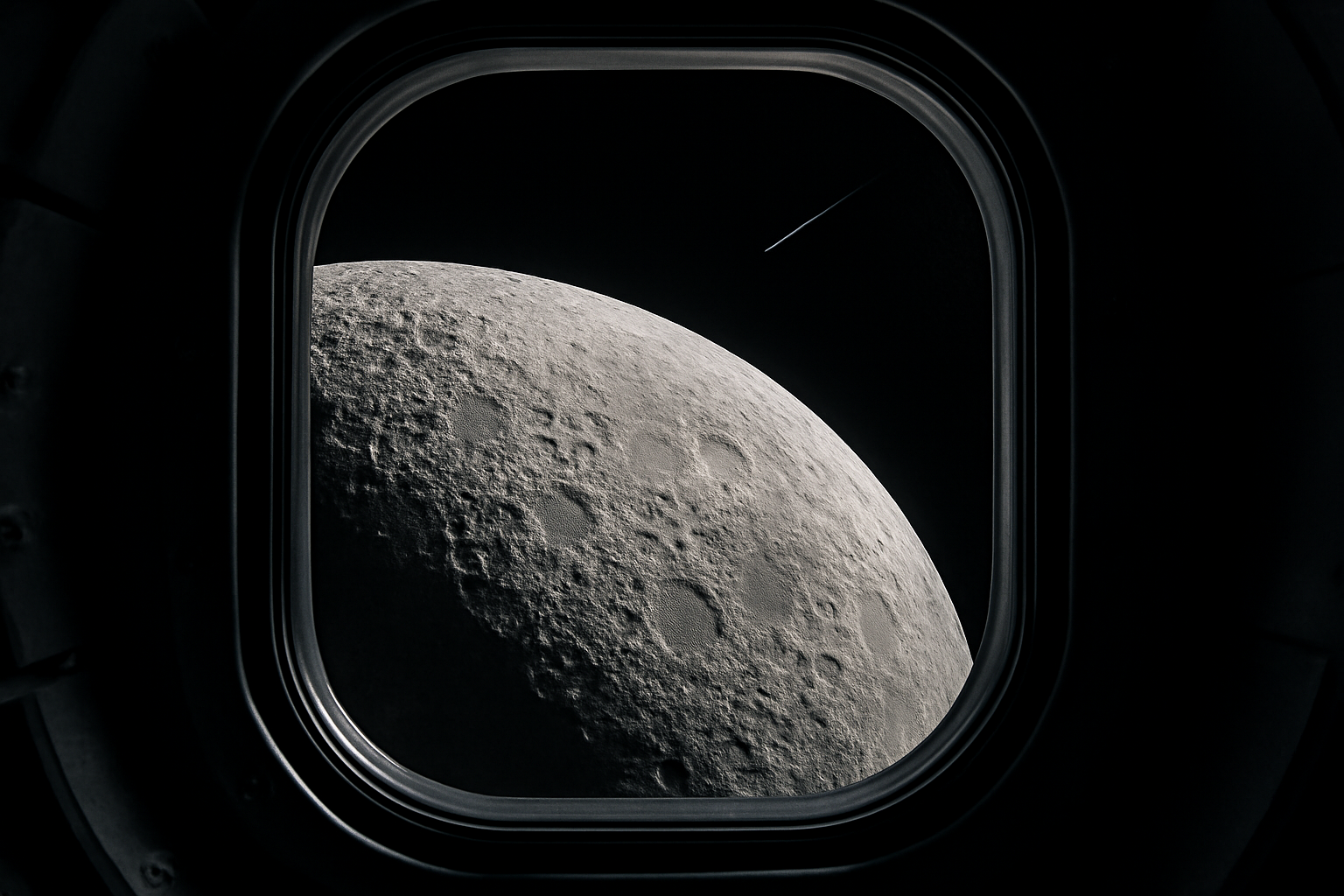 Orion capsule window view of the lunar far side with annotated meteoroid impact markers