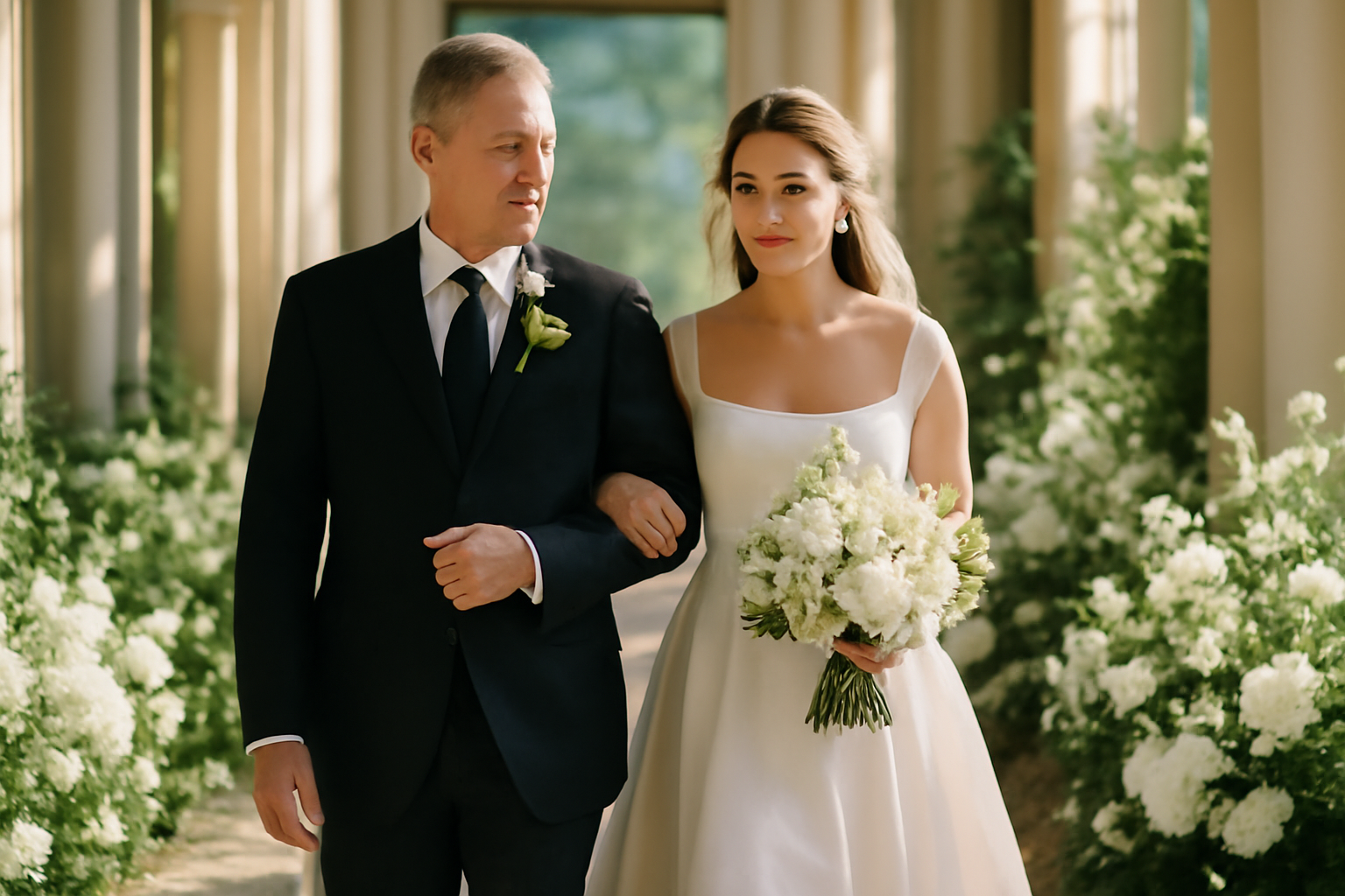 A father in a dark suit walking his daughter in a white wedding gown down a flower-lined aisle