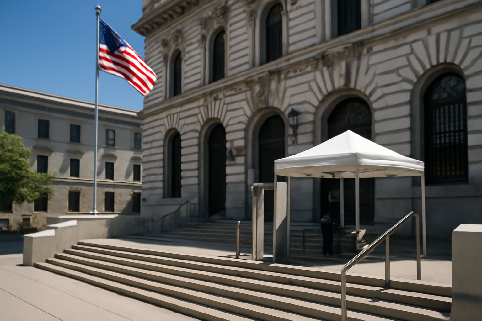 Exterior of a federal courthouse with security barriers in San Francisco