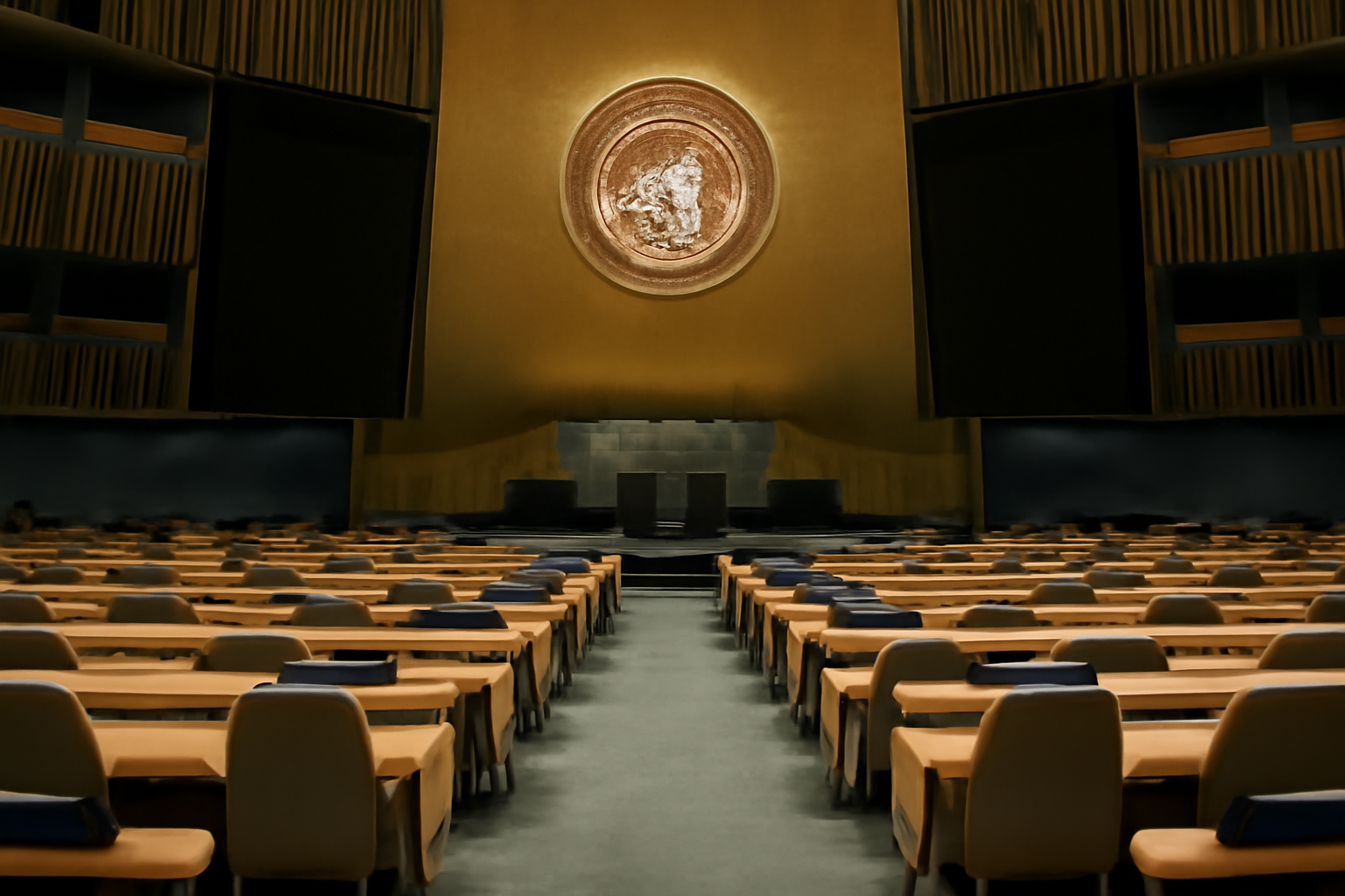 Podium and delegate seating inside the United Nations General Assembly hall