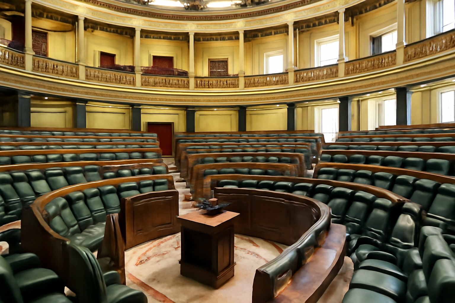 Empty rows of green seats in the Spanish Congress of Deputies chamber in Madrid