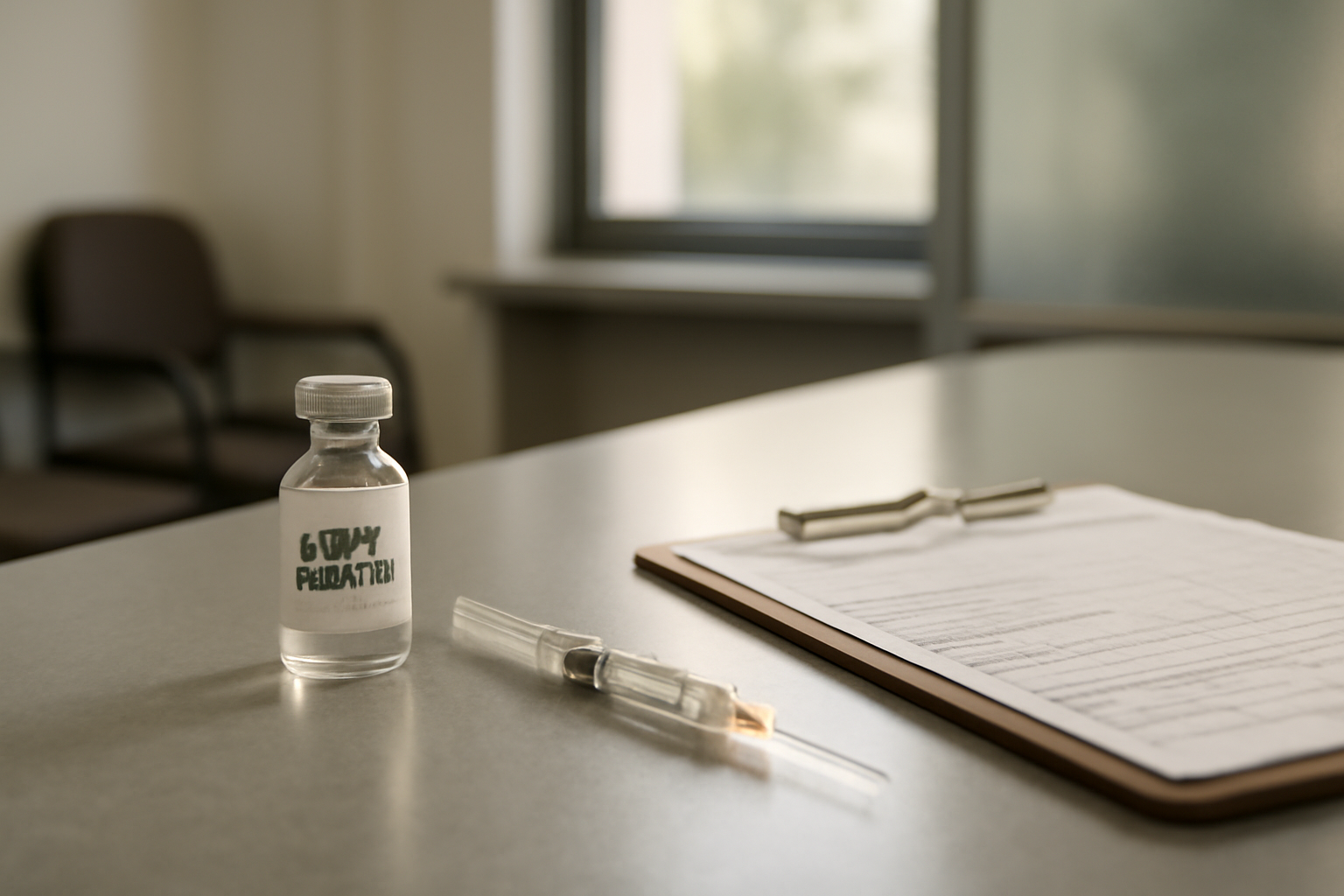 A vial of MMR vaccine and syringe on a clinic counter in Pennsylvania