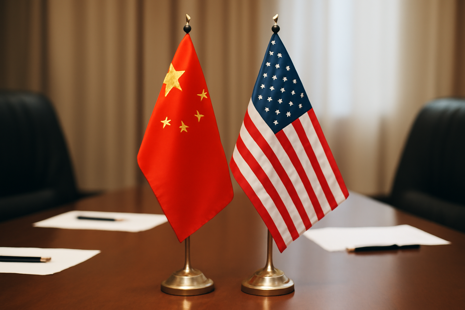 Chinese and American flags displayed together at a diplomatic meeting table