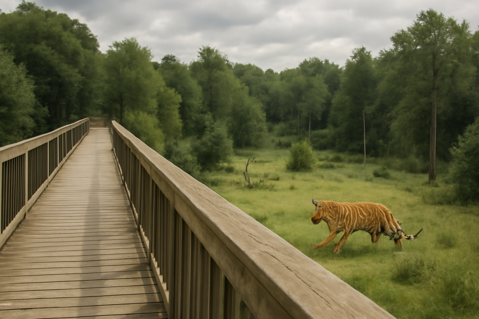 Raised wooden walkway overlooking a forested tiger enclosure at an English wildlife park