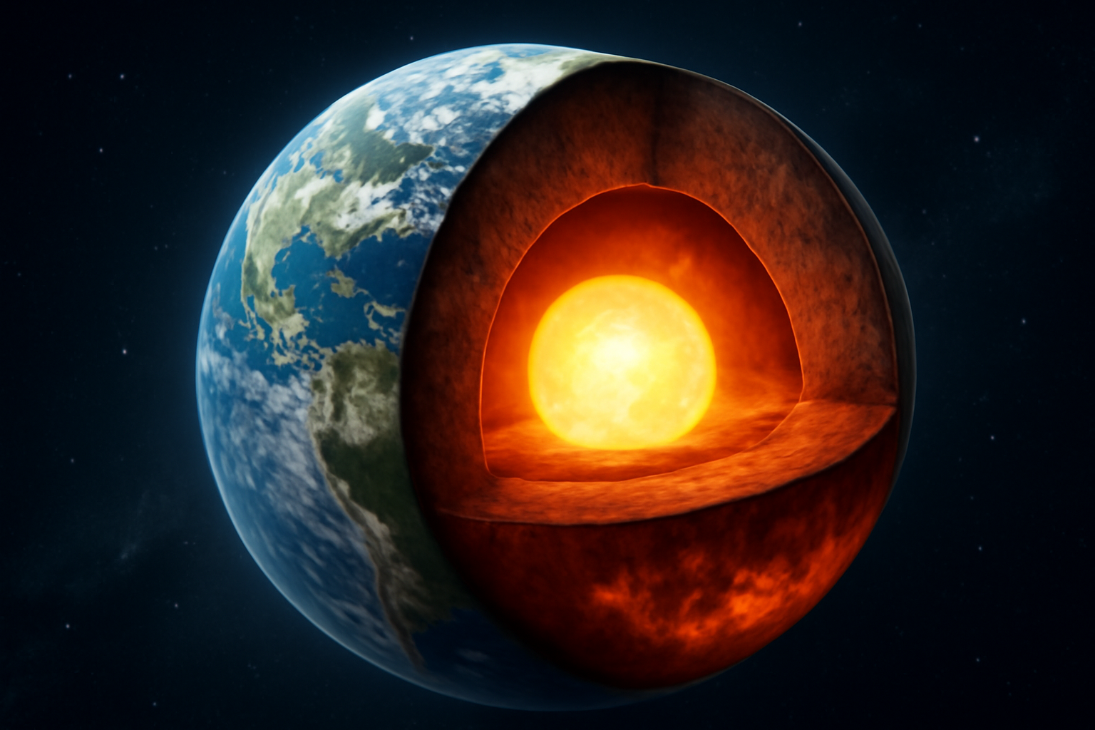 Cutaway illustration of Earth showing the mantle, liquid outer core, and solid inner core layers
