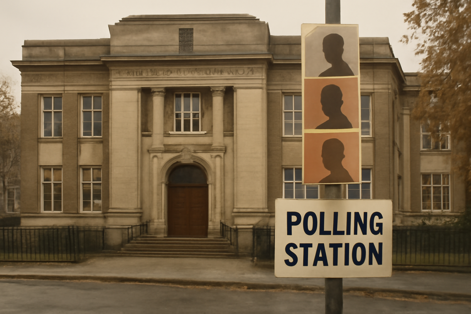 A London borough council building exterior with campaign posters near a polling station