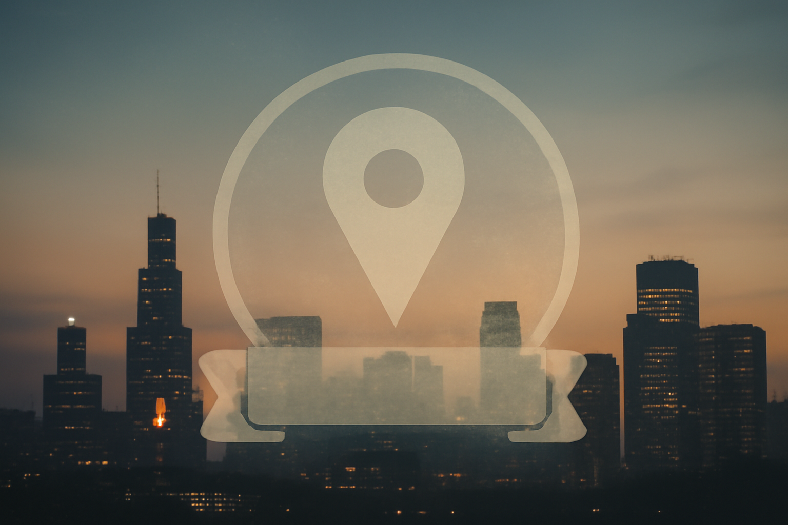 A vintage Foursquare check-in badge icon faded against a modern city skyline at dusk