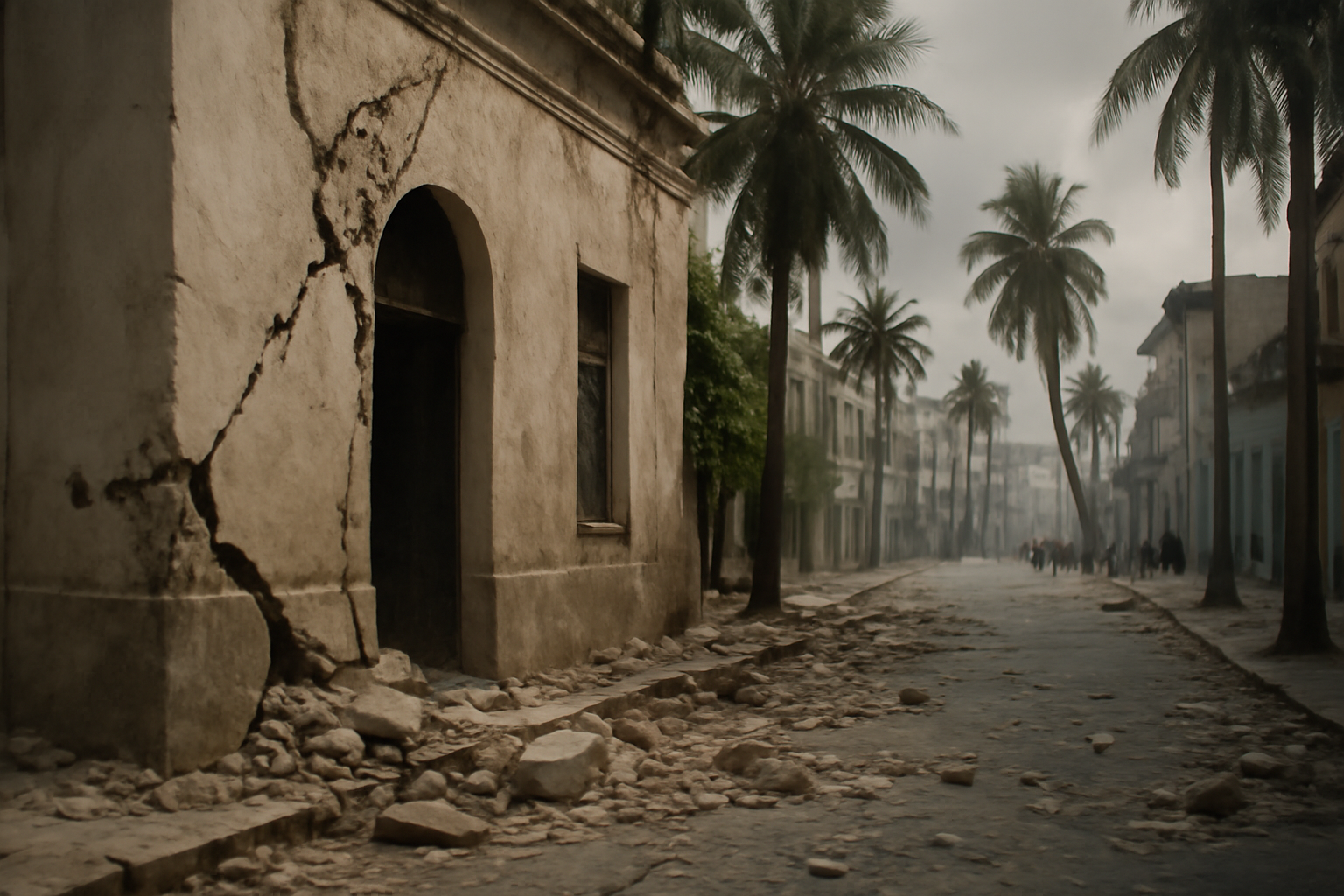 Cracked building facade and debris in a Panama City street after a major earthquake