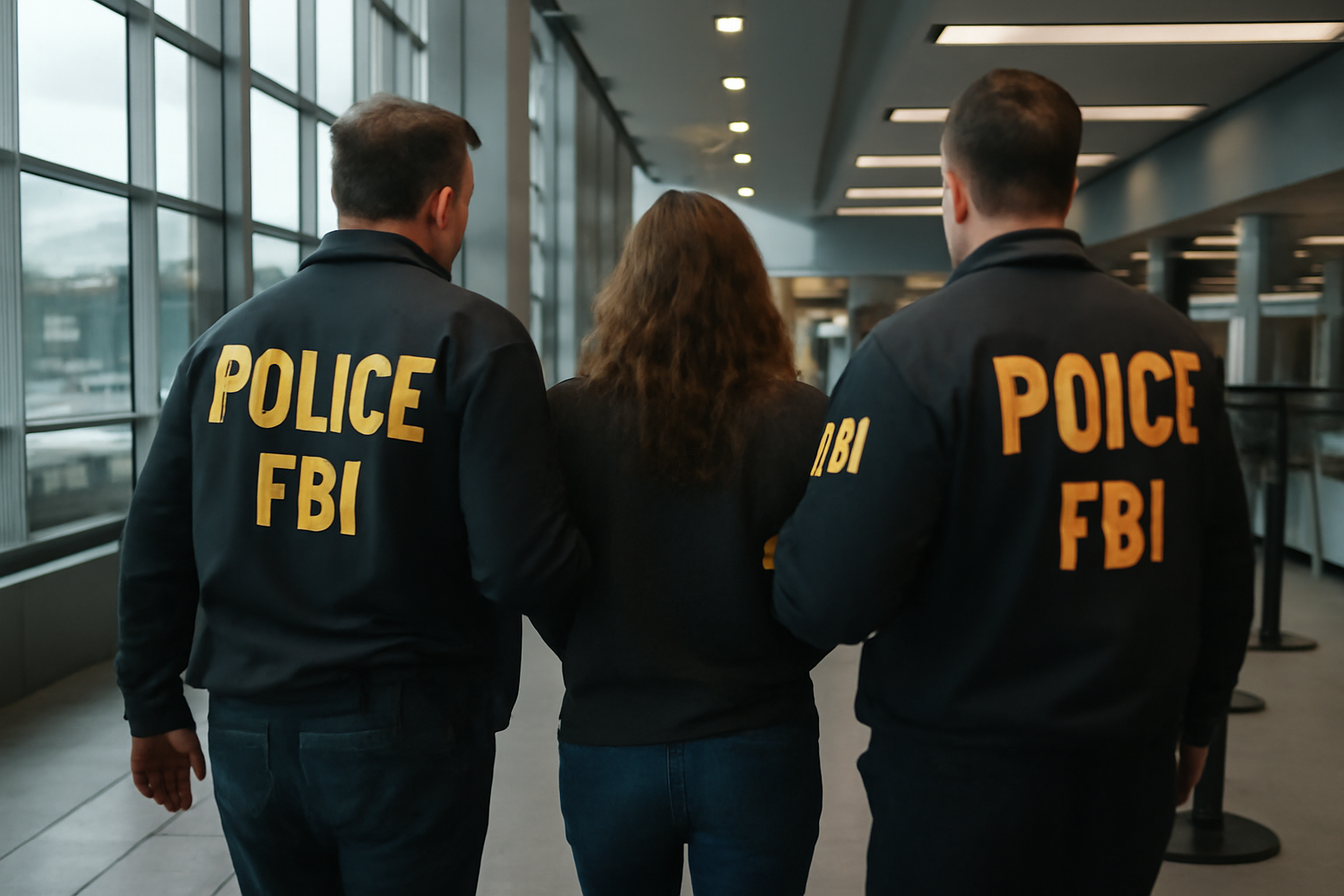 FBI agents escort a woman in handcuffs through a Los Angeles airport terminal