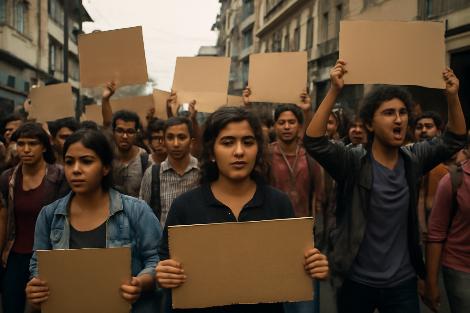 Young protesters holding handmade signs and banners during a street demonstration in India
