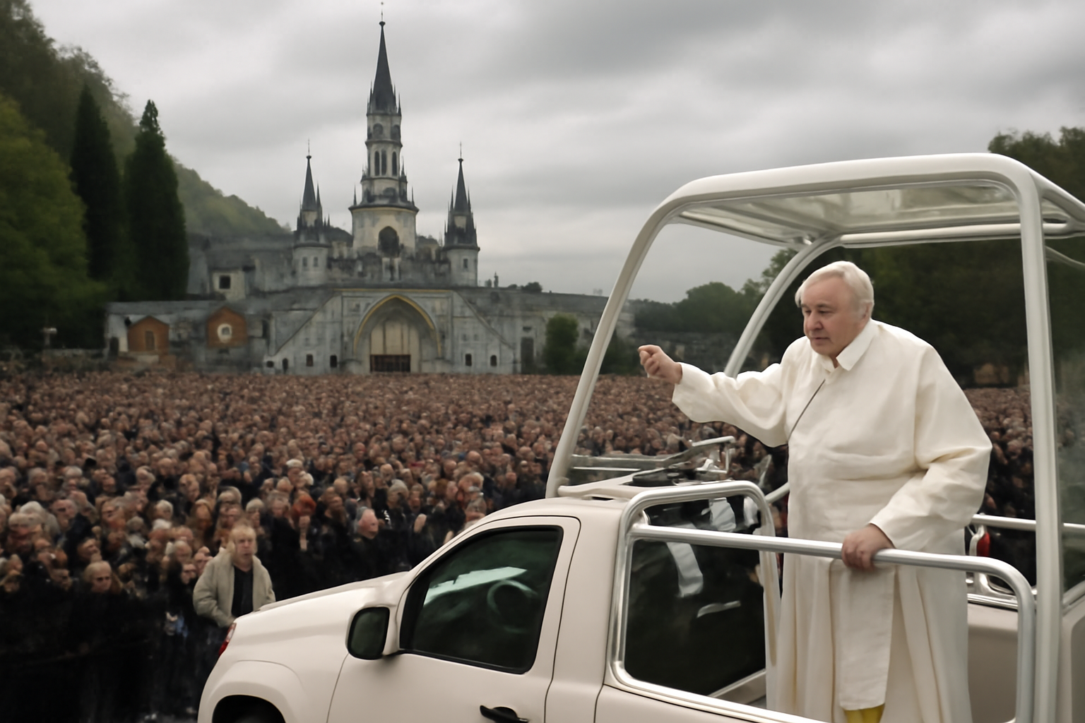 Pope Leo XIV greets a crowd from an open-topped popemobile outside the Sanctuary of Our Lady of Lourdes