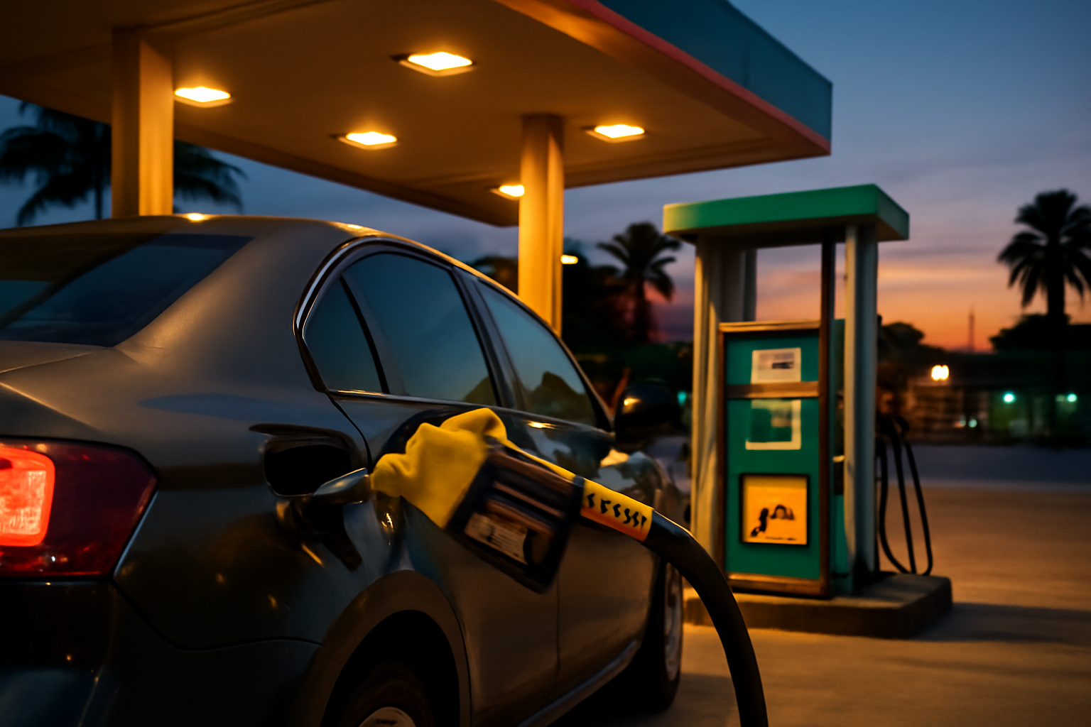 A gas station fuel pump display showing an ethanol-blend gasoline label at a filling station in Brazil