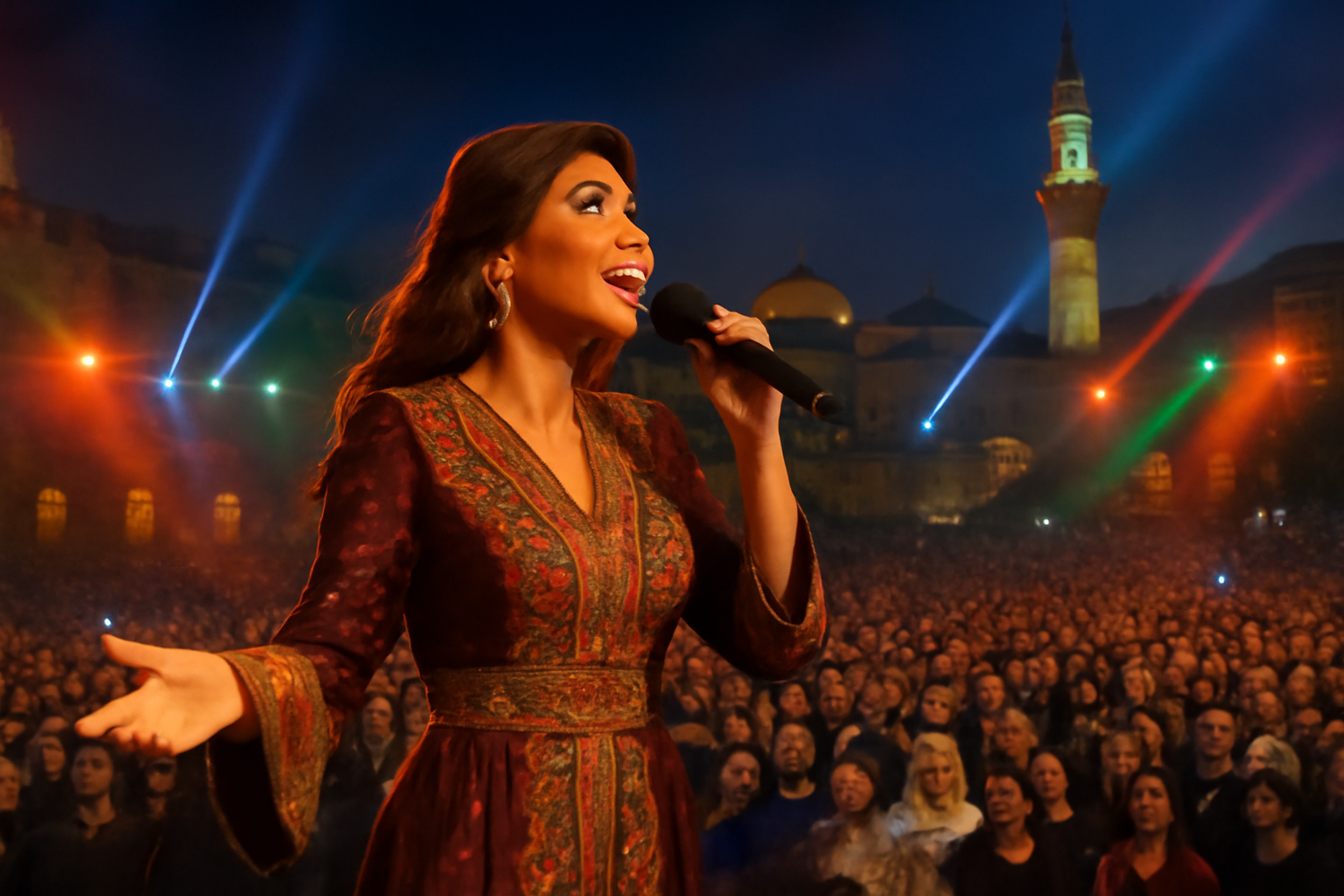 Assala Nasri performing on stage in Damascus