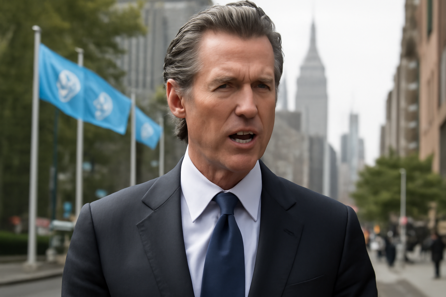 California Governor Gavin Newsom speaking during a recorded interview outdoors in Manhattan