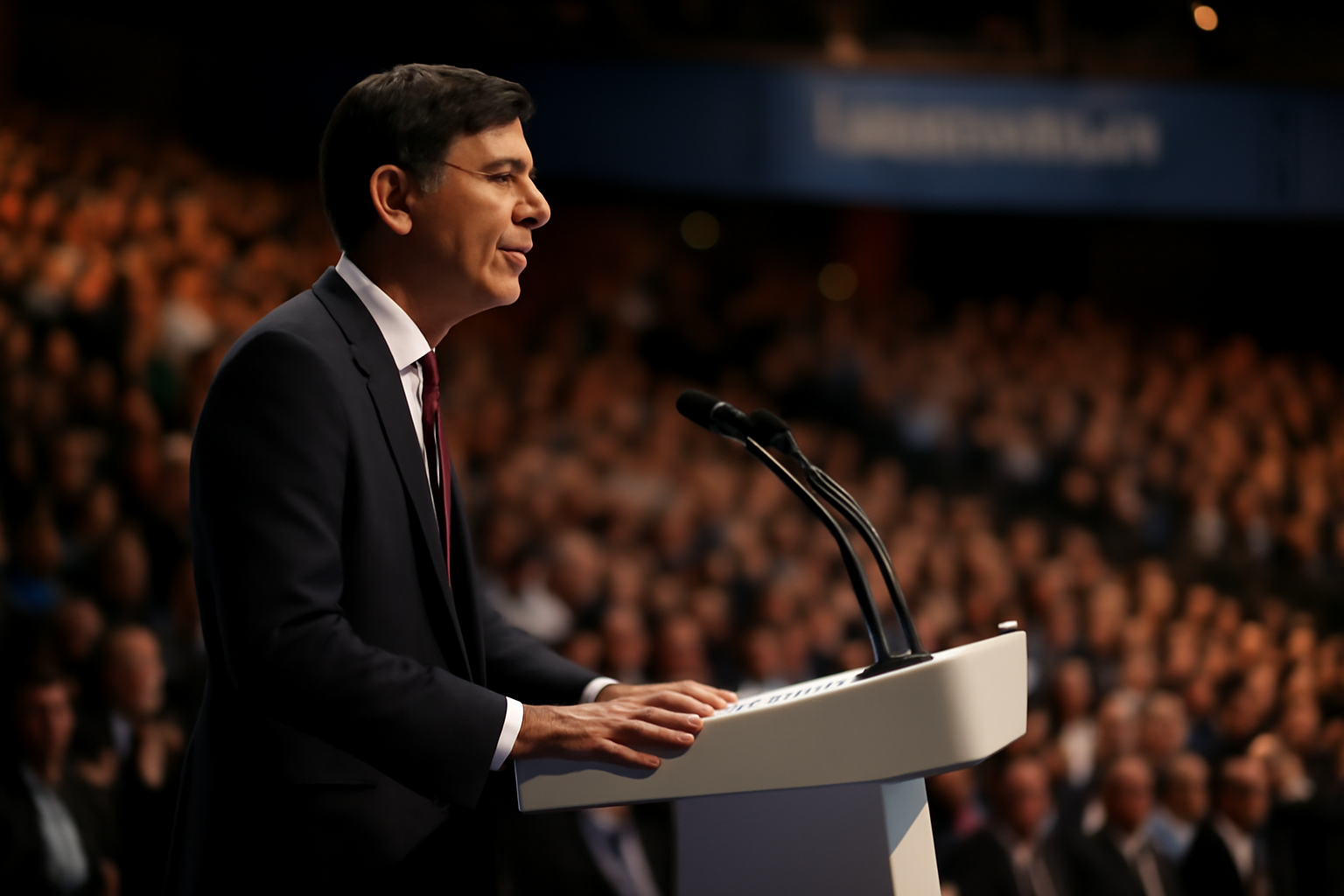 Prime Minister Andy Burnham speaking at a lectern before a packed Labour Party conference hall in Liverpool