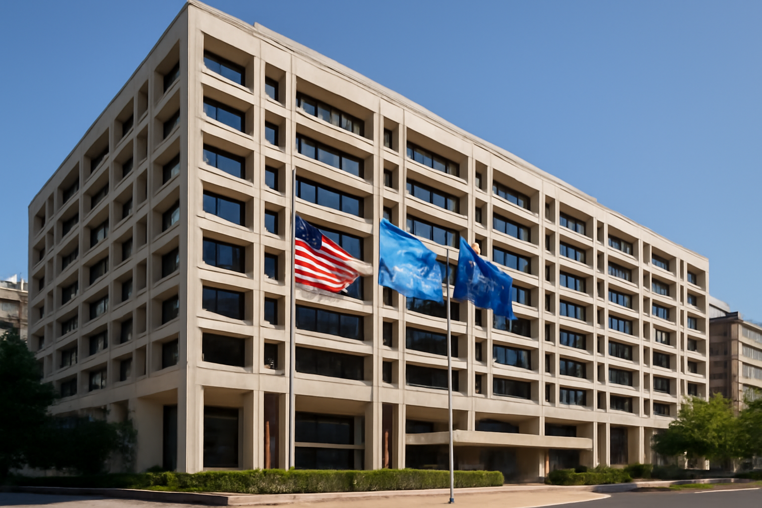 Exterior of the International Monetary Fund headquarters building in Washington, D.C.
