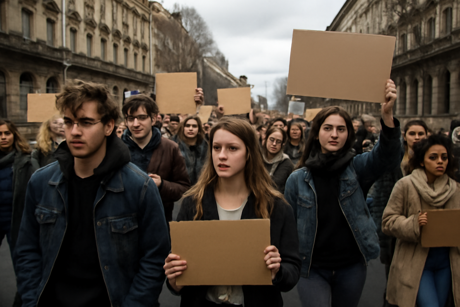 A crowd of students marching through a French city street holding handwritten signs