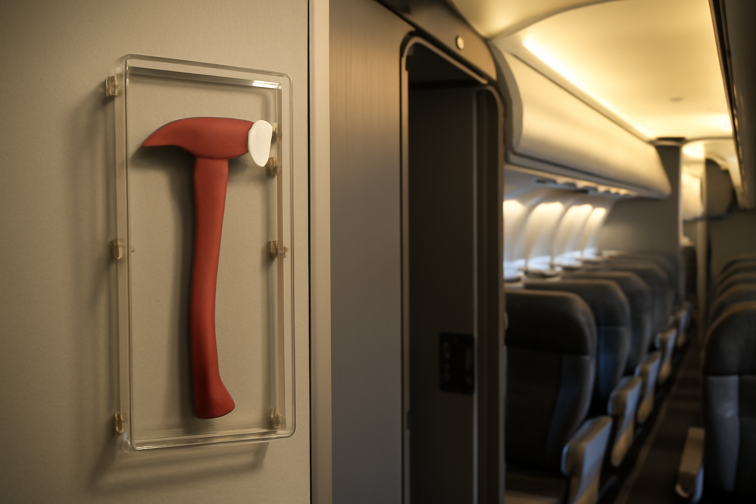 A fire ax mounted in a clear emergency case inside a commercial airplane cabin near the cockpit door.