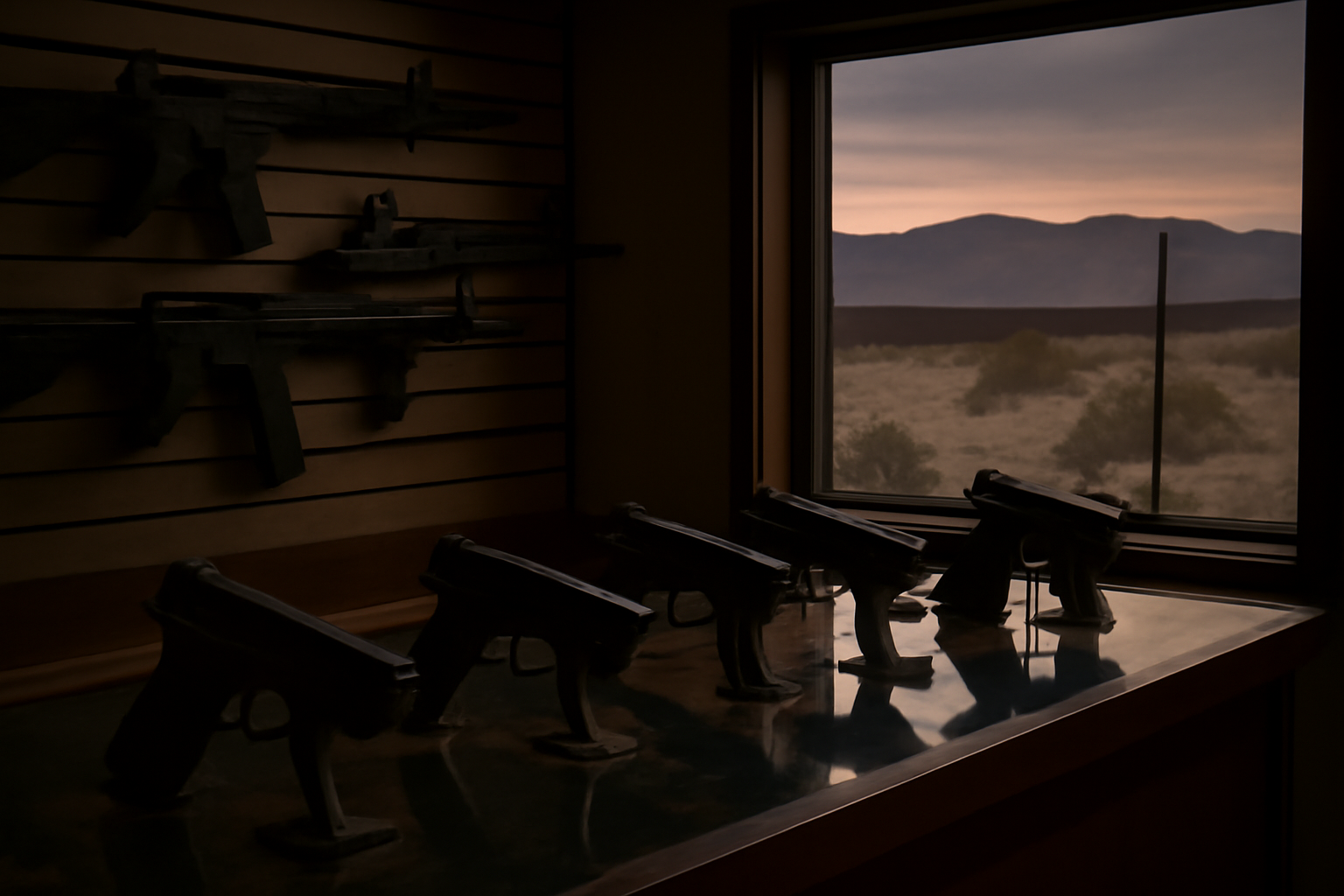 Handguns and rifles arranged on a counter inside a gun shop near the Arizona-Mexico border