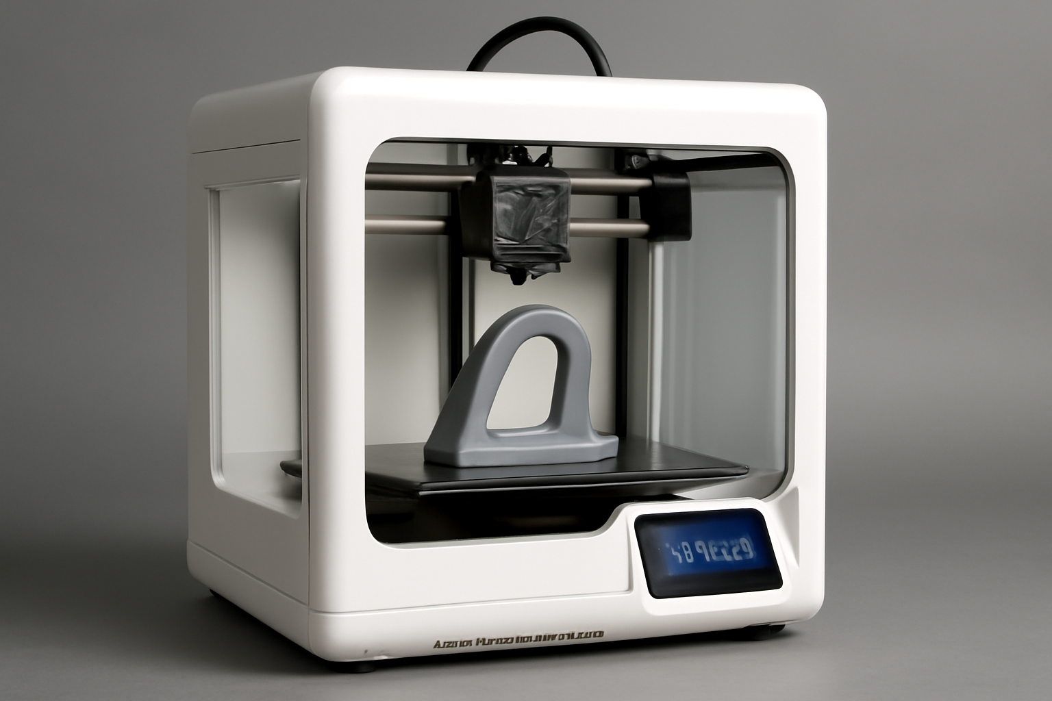 White enclosed 3D printer with color touchscreen producing a smooth multicolor plastic object on its build plate