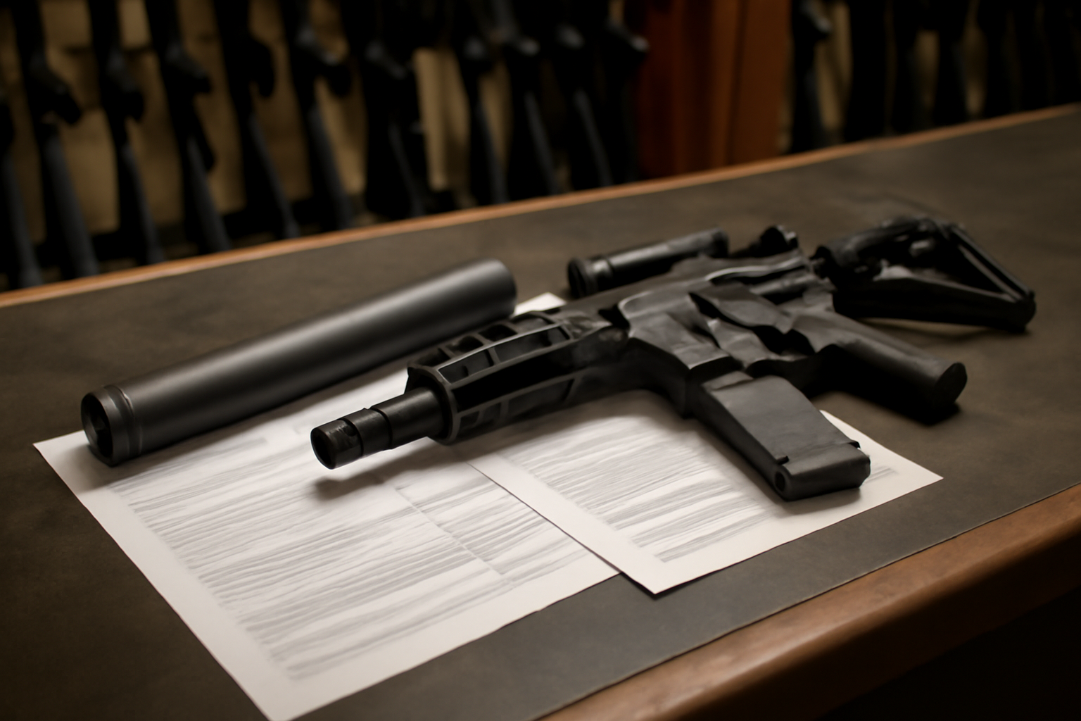 A silencer and a short-barreled rifle displayed on a counter at a gun shop