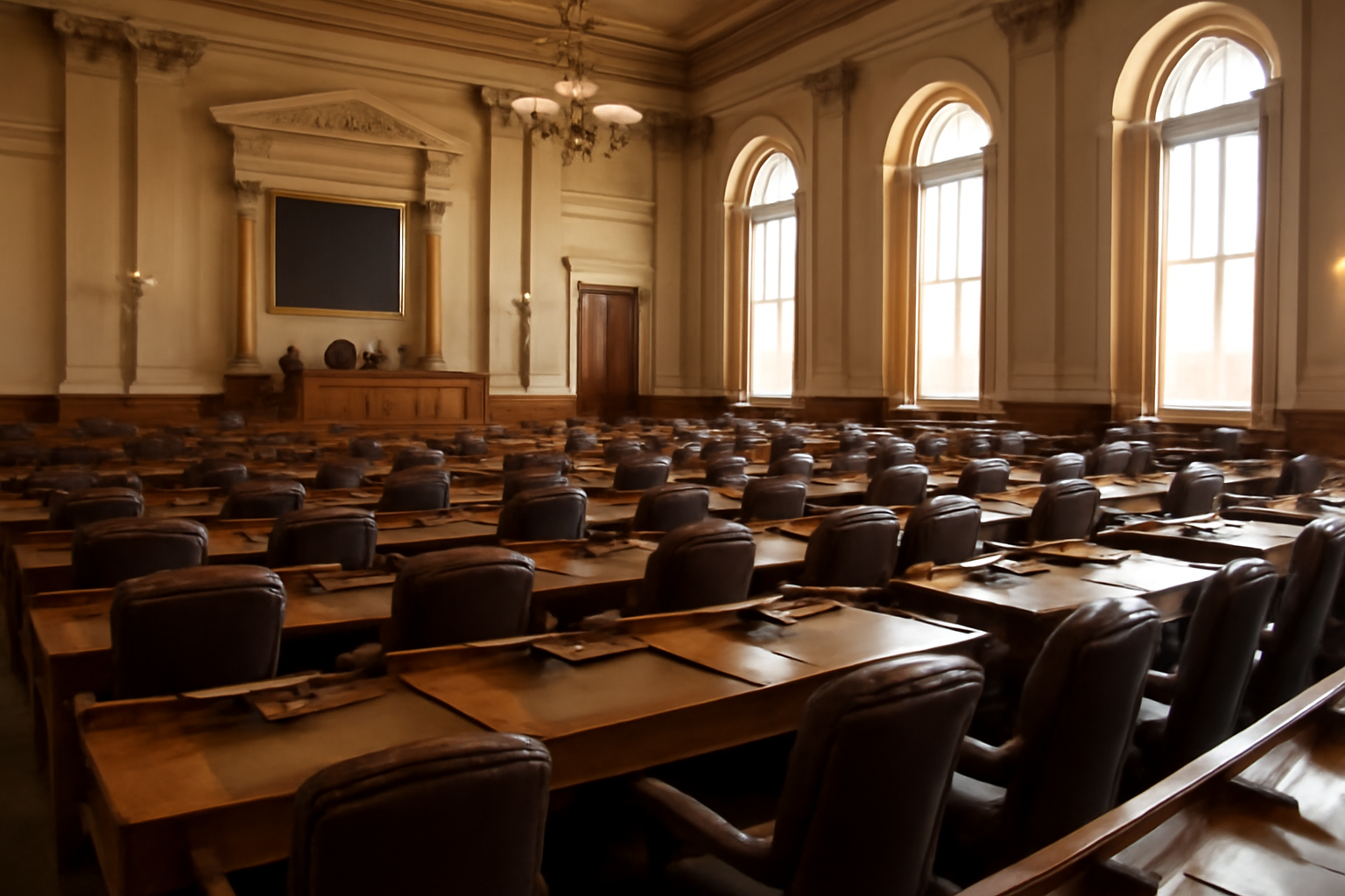 Empty legislative chamber seats inside the New York State Capitol in Albany