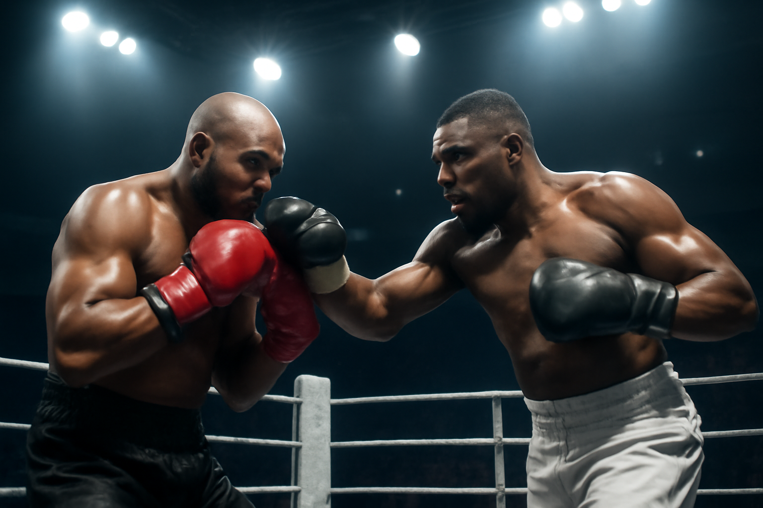 Two heavyweight boxers stand at opposite ends of a ring under stadium lights before a title fight
