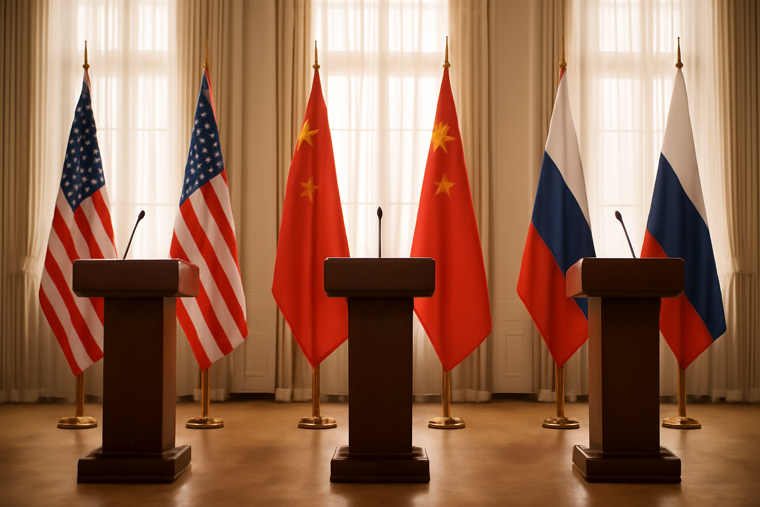 Three empty lecterns bearing American, Chinese, and Russian flags set up in a formal meeting hall