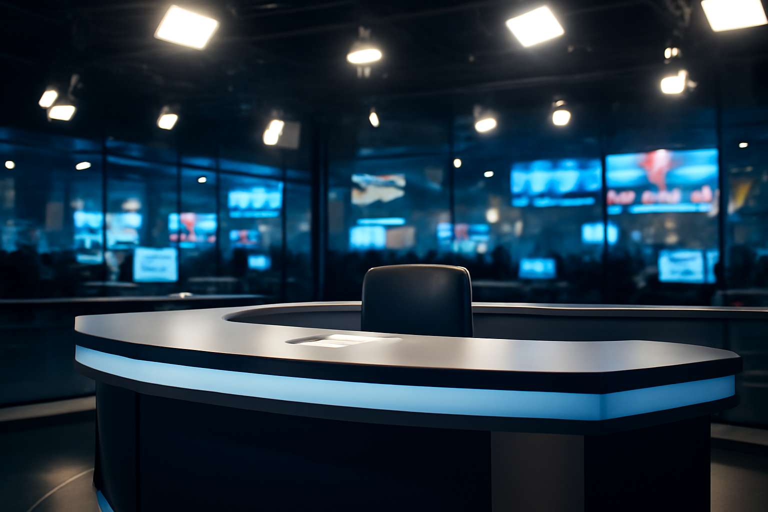 A cable news studio anchor desk with broadcast lighting and blurred monitor screens in the background