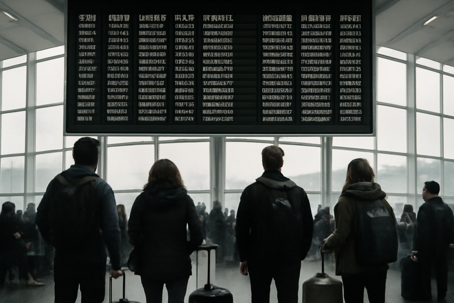 Departure board at a Scottish airport showing multiple flight cancellations