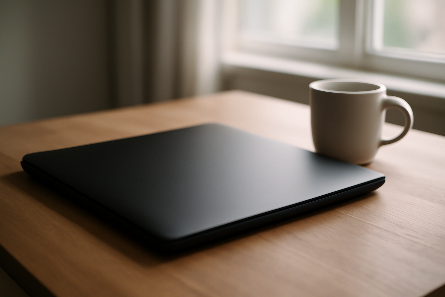 A matte black unbranded laptop prototype sitting closed on a wooden desk