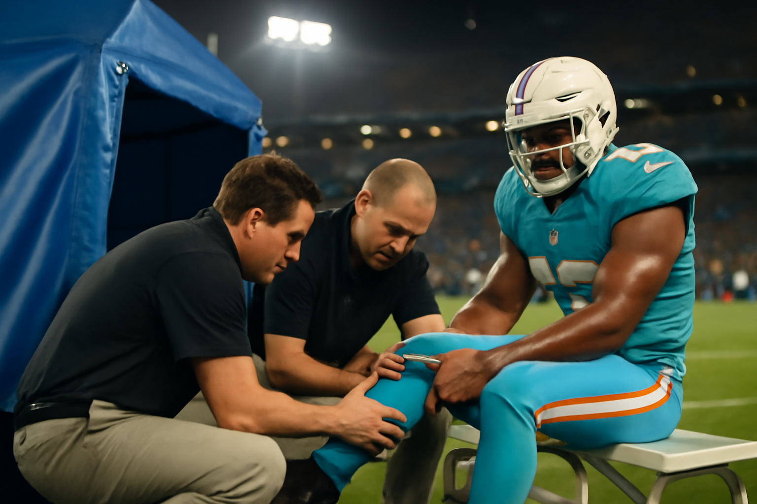 Miami Dolphins running back being examined by medical staff on the sideline during an NFL game