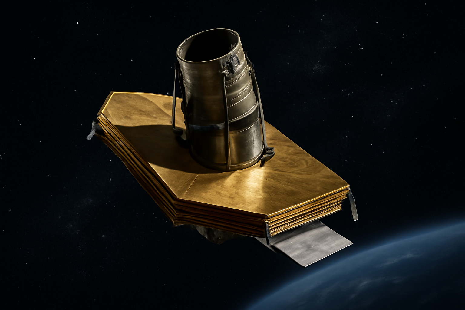Illustration of a far-infrared space telescope with sunshield deployed against a starfield