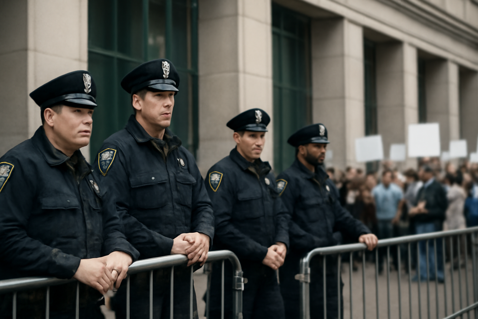 Police officers standing near a barricade outside a United Nations building during a protest