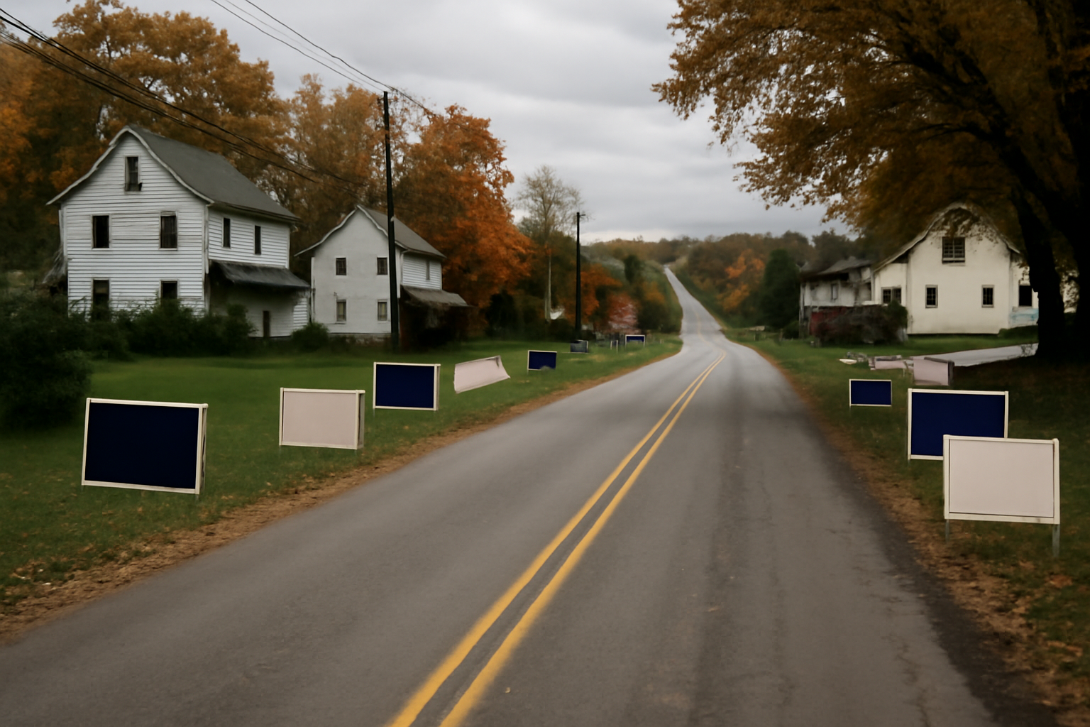 A rural Pennsylvania campaign yard sign stands along a two-lane road under an overcast sky