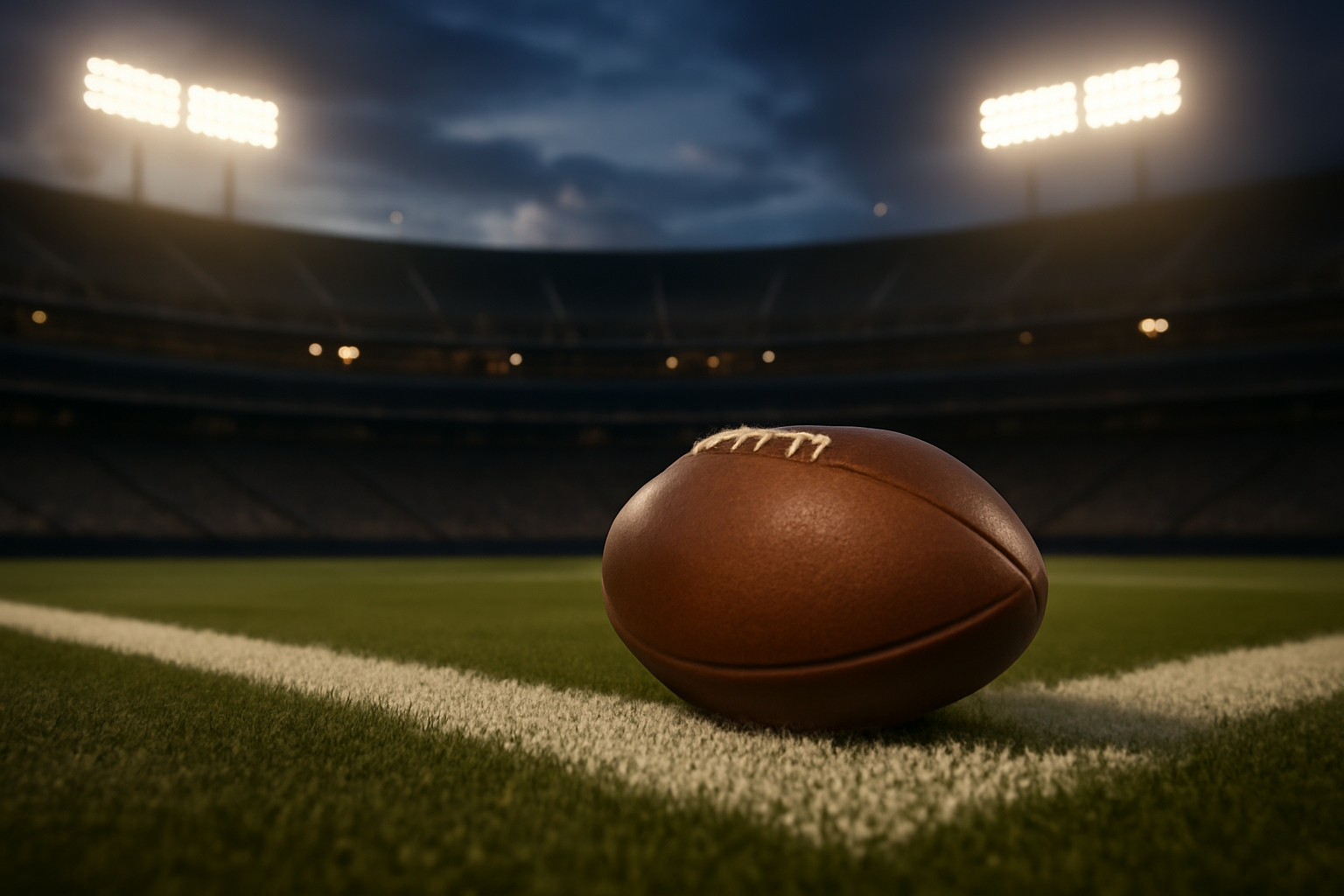 NFL football resting on a stadium field under stadium lights with yard-line markings visible