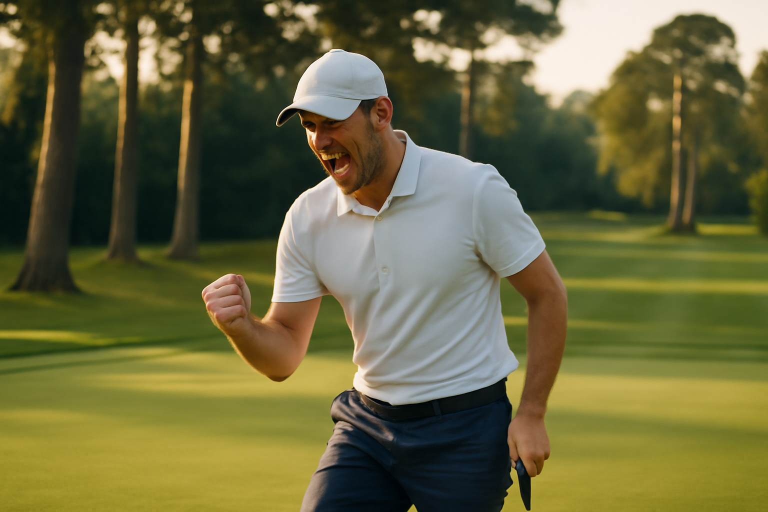 Golfer celebrating a birdie putt on the 18th green at Wentworth during the BMW PGA Championship