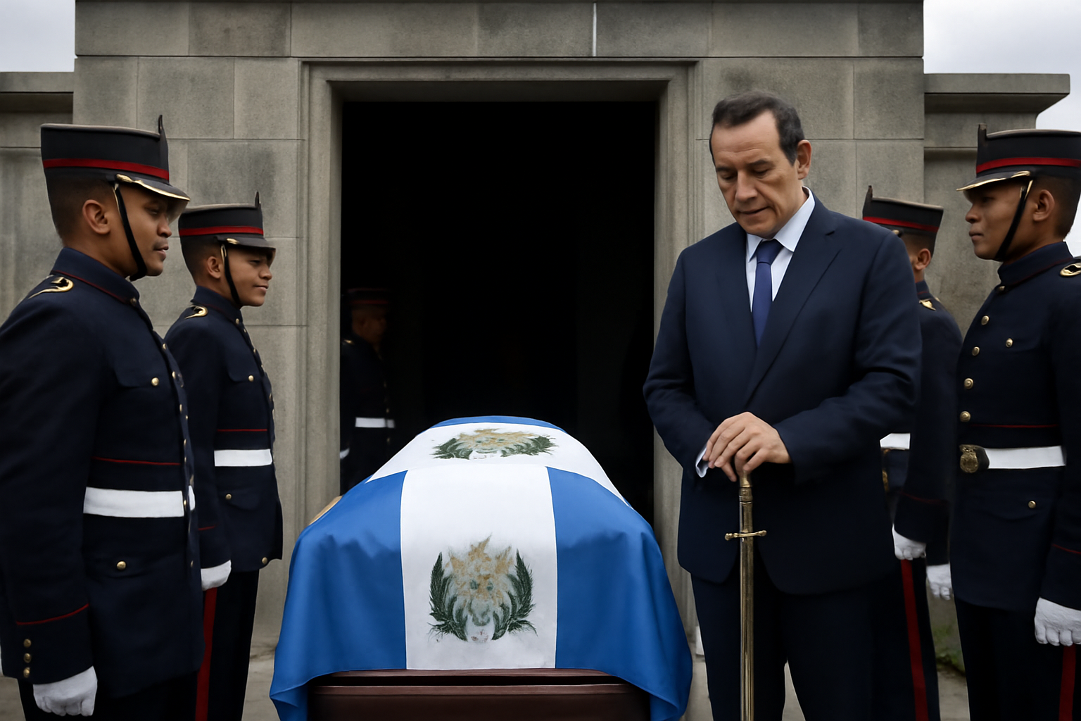 A newly built stone crypt in Central America during a solemn state reburial ceremony with a ceremonial sword displayed nearby