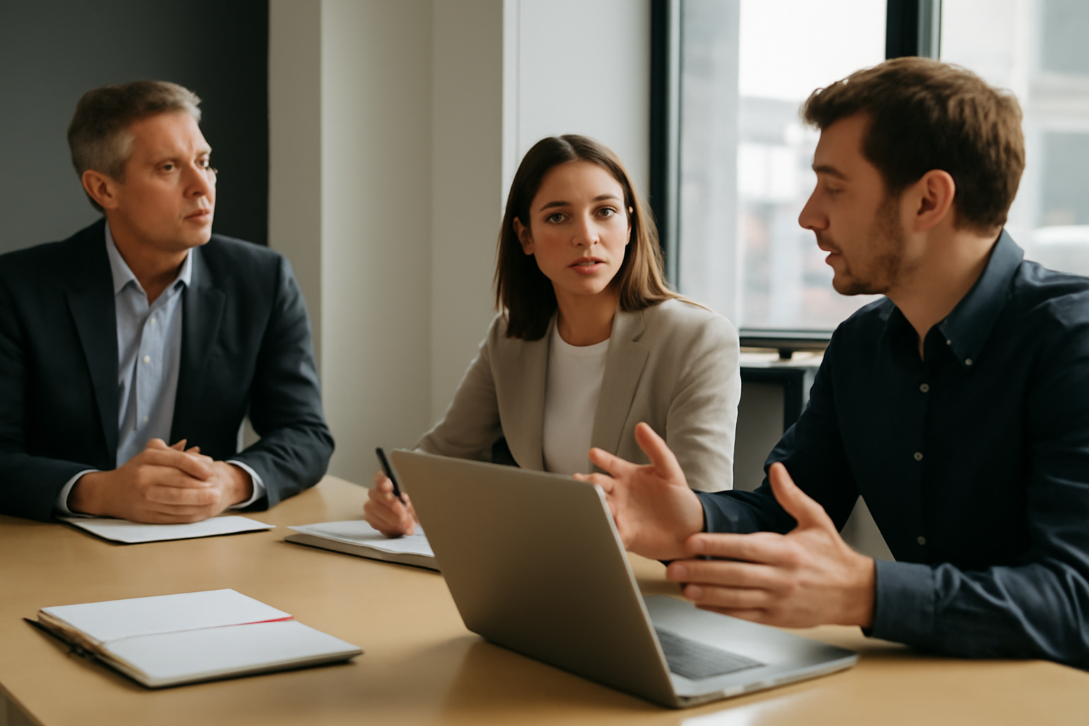 A manager listening quietly while colleagues speak around a conference table