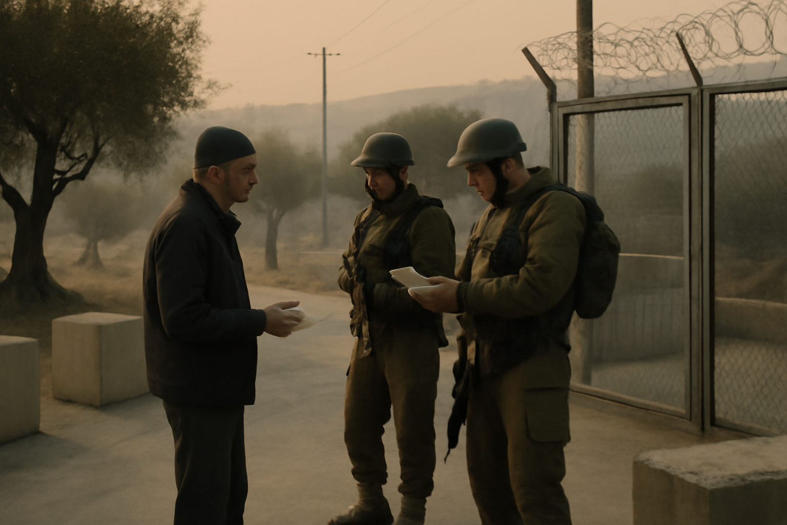 Israeli soldiers checking identification of Palestinian farmers at a rural checkpoint near an olive grove