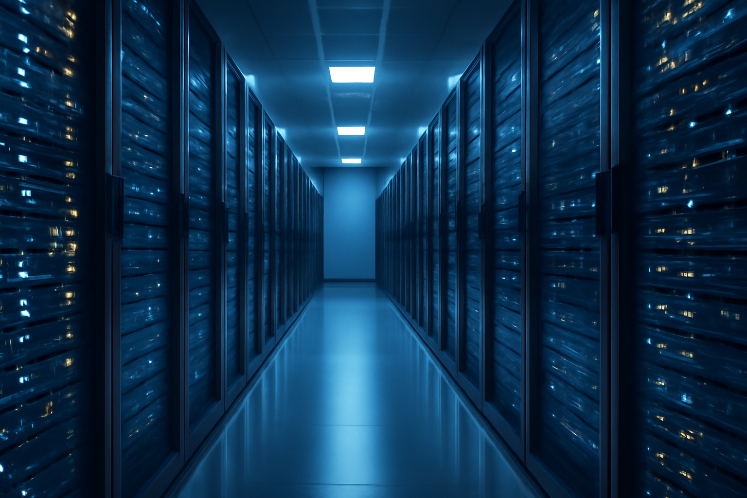 Rows of server racks under blue light representing AI infrastructure investment