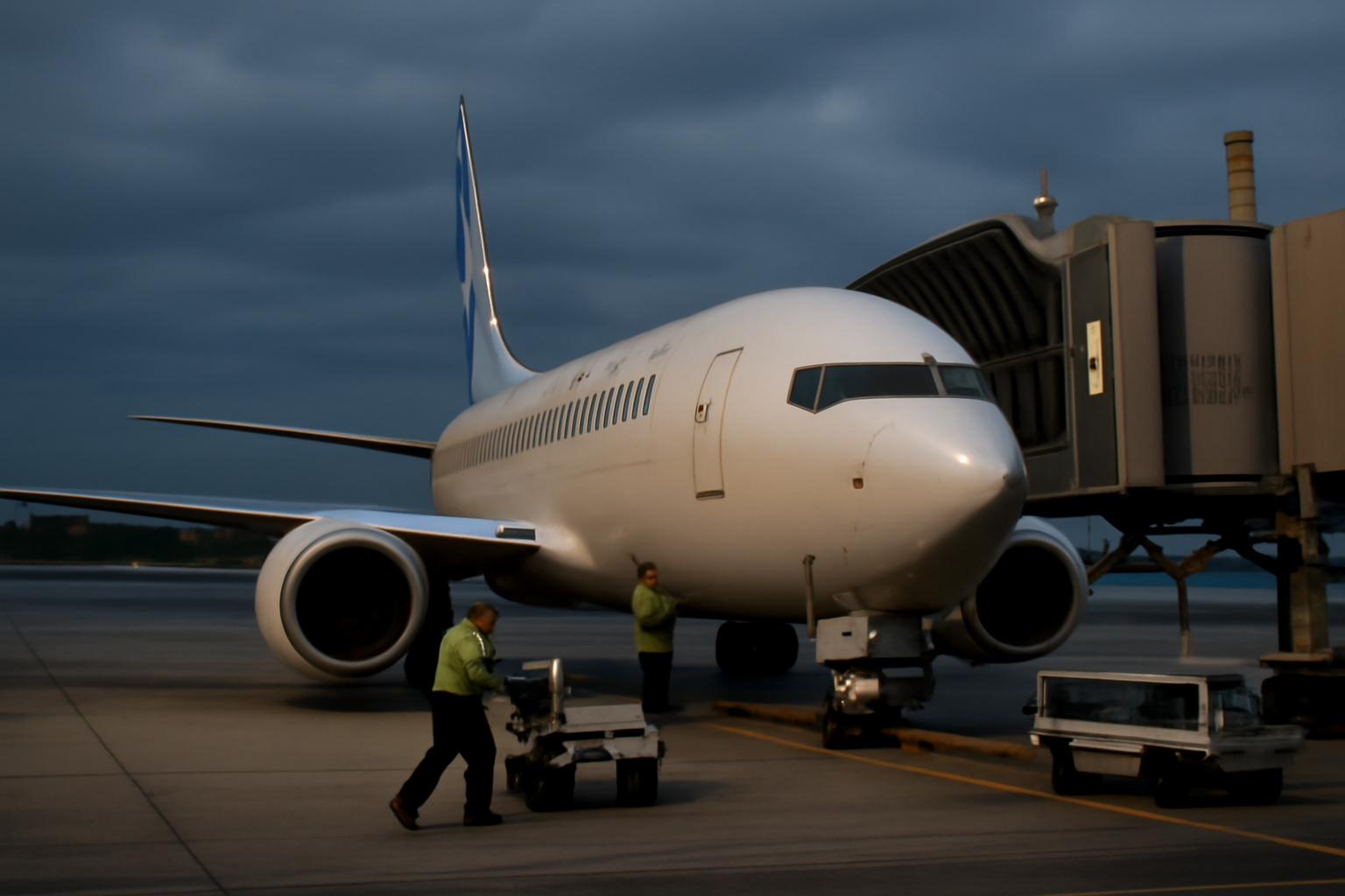 A flydubai Boeing jet parked at an airport gate under overcast skies with a jet bridge attached.