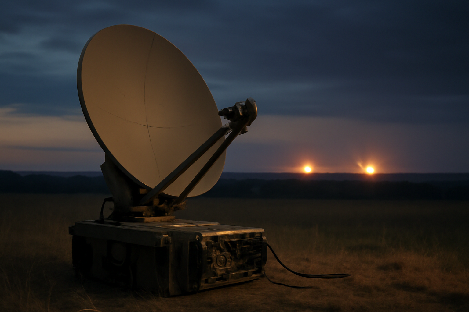 Satellite communications dish and military radar equipment under a dusk sky near a conflict zone
