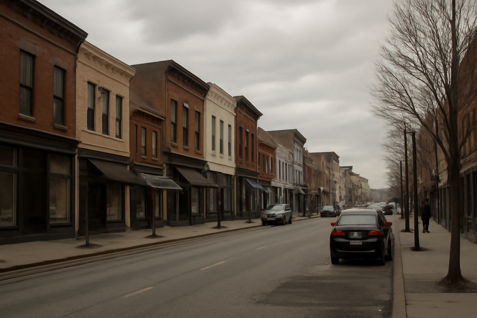 A quiet downtown Dayton, Ohio street with storefronts under an overcast sky