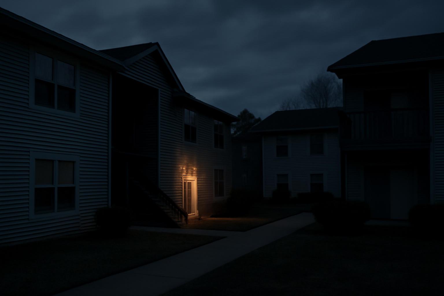 Exterior of a South Carolina apartment complex with police tape near an entrance walkway