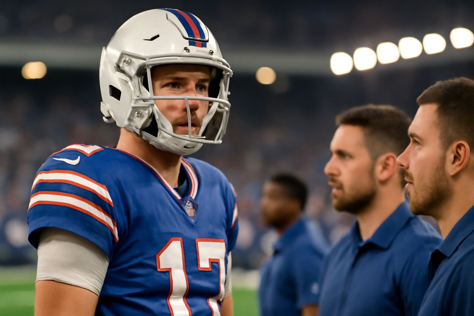 New York Giants quarterback in team uniform standing on the sideline near medical staff at MetLife Stadium